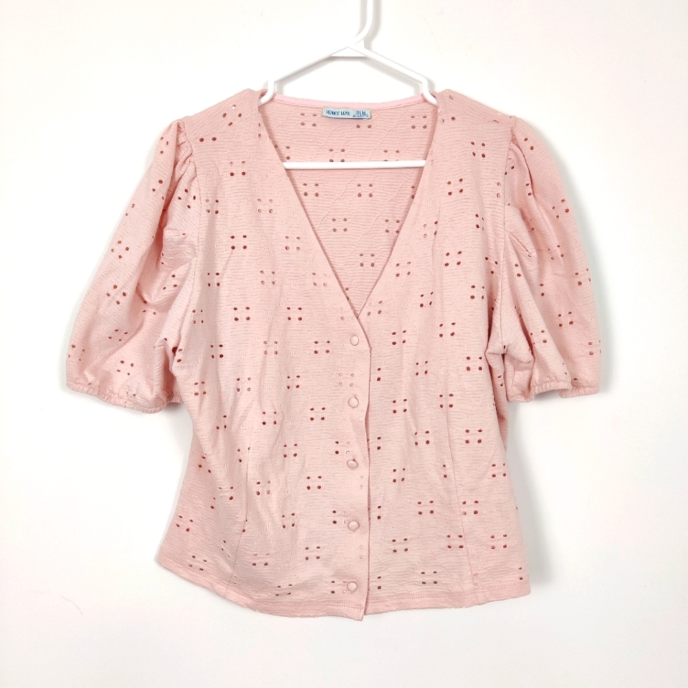 Venice Love Women's Button Down Blouse Size XL Dainty Feminine Barbiecore Cotton